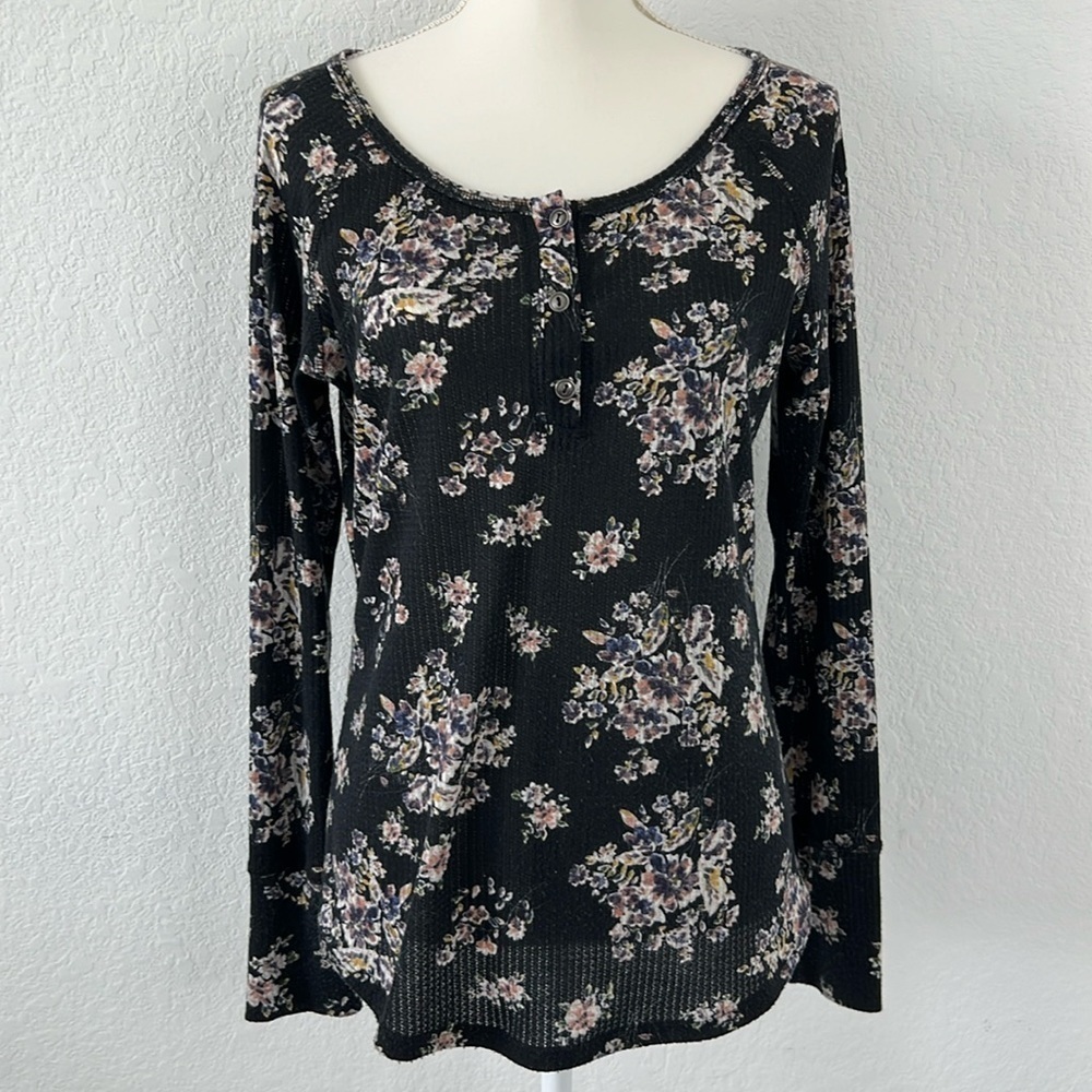 ModCloth Floral Waffle Knit Henley Long‎ Sleeve Top